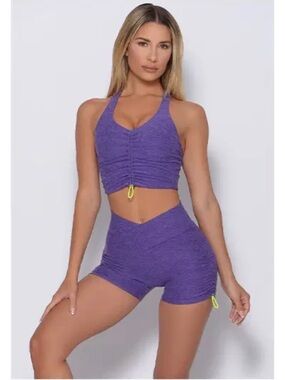 Bombshell Sportswear Iris Purple Toggle Bootie Scrunch Shorts Sz Large